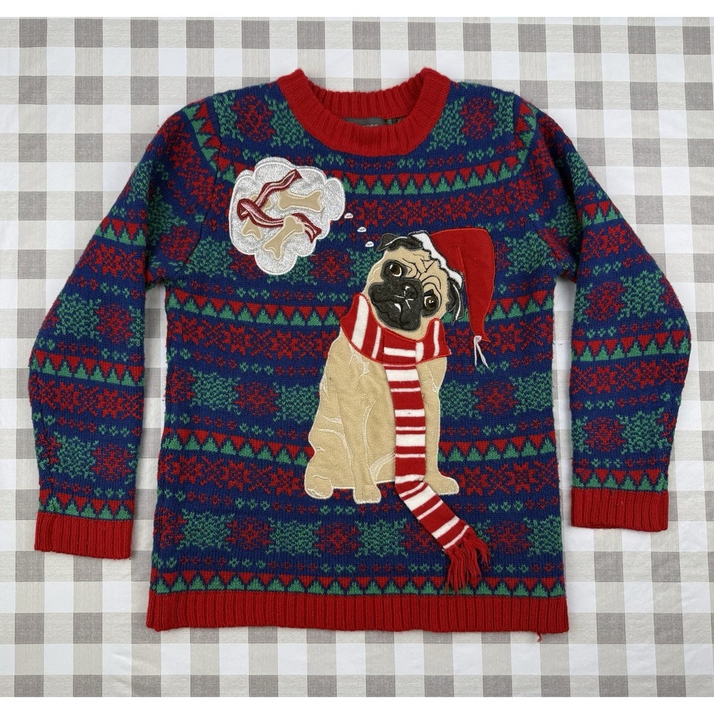 Ugly Christmas Sweater Pug Dog Santa Scarf Funny Holiday Knit Small